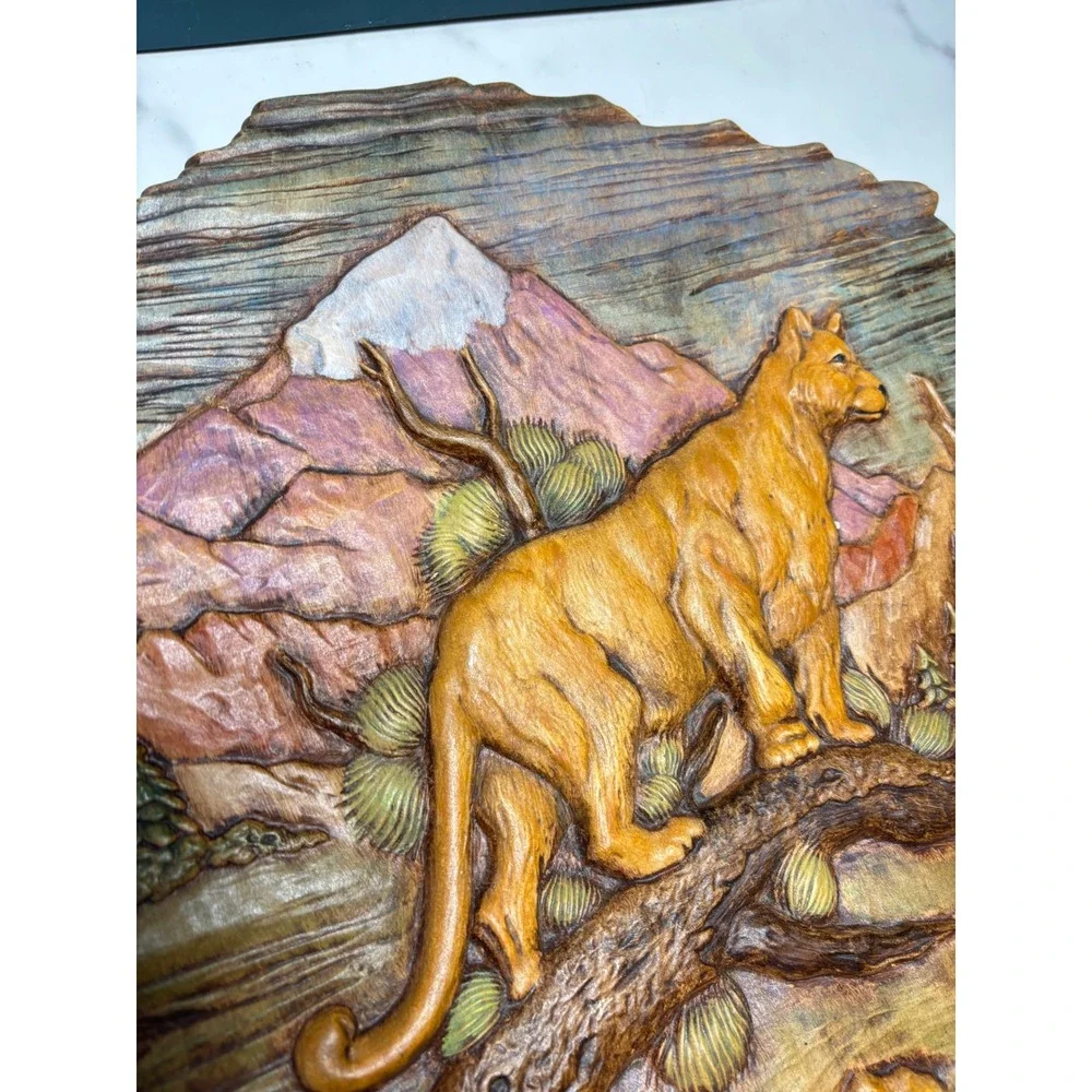 Vintage 3D Mountain Lion Relief Wall Plaque Rustic Wildlife Cabin Decor 12.5in